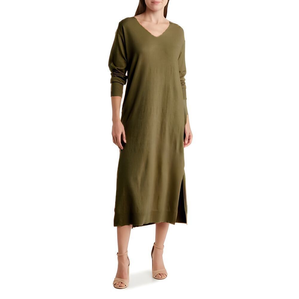 Stitchdrop Lake Geneva Sweater Dress Lagenlook Long Sleeve V-Neck Midi Green M